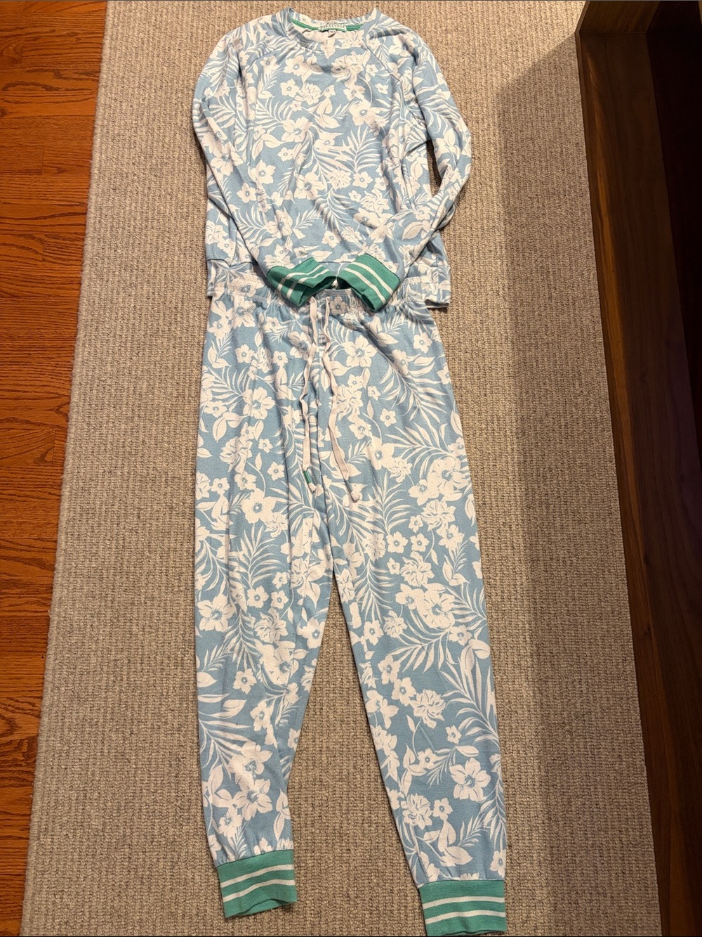 PJ SALVAGE Light Blue & White Floral Lounge Set with Green Trim